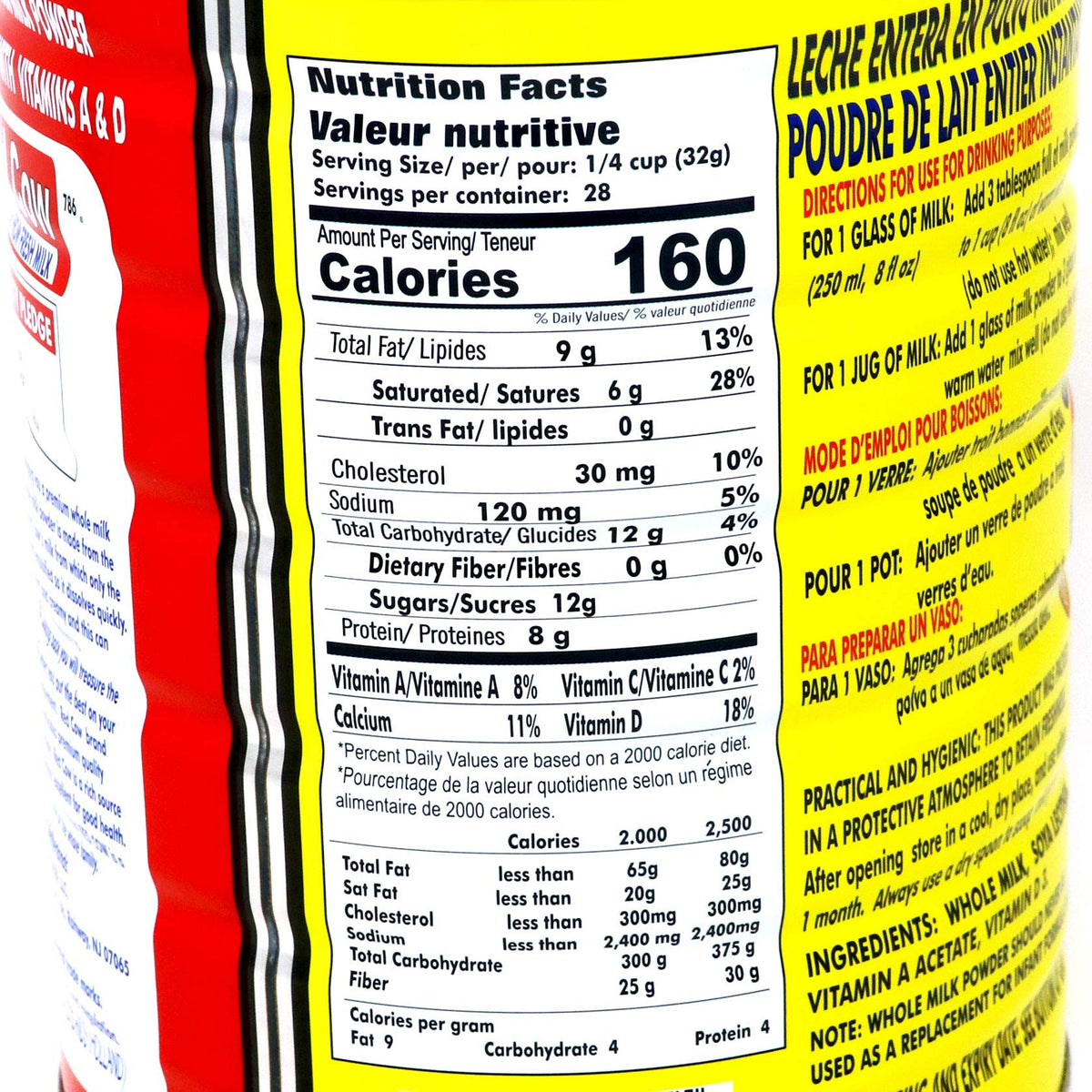 Red Cow milk powder label shows Vitamin A and D enrichment