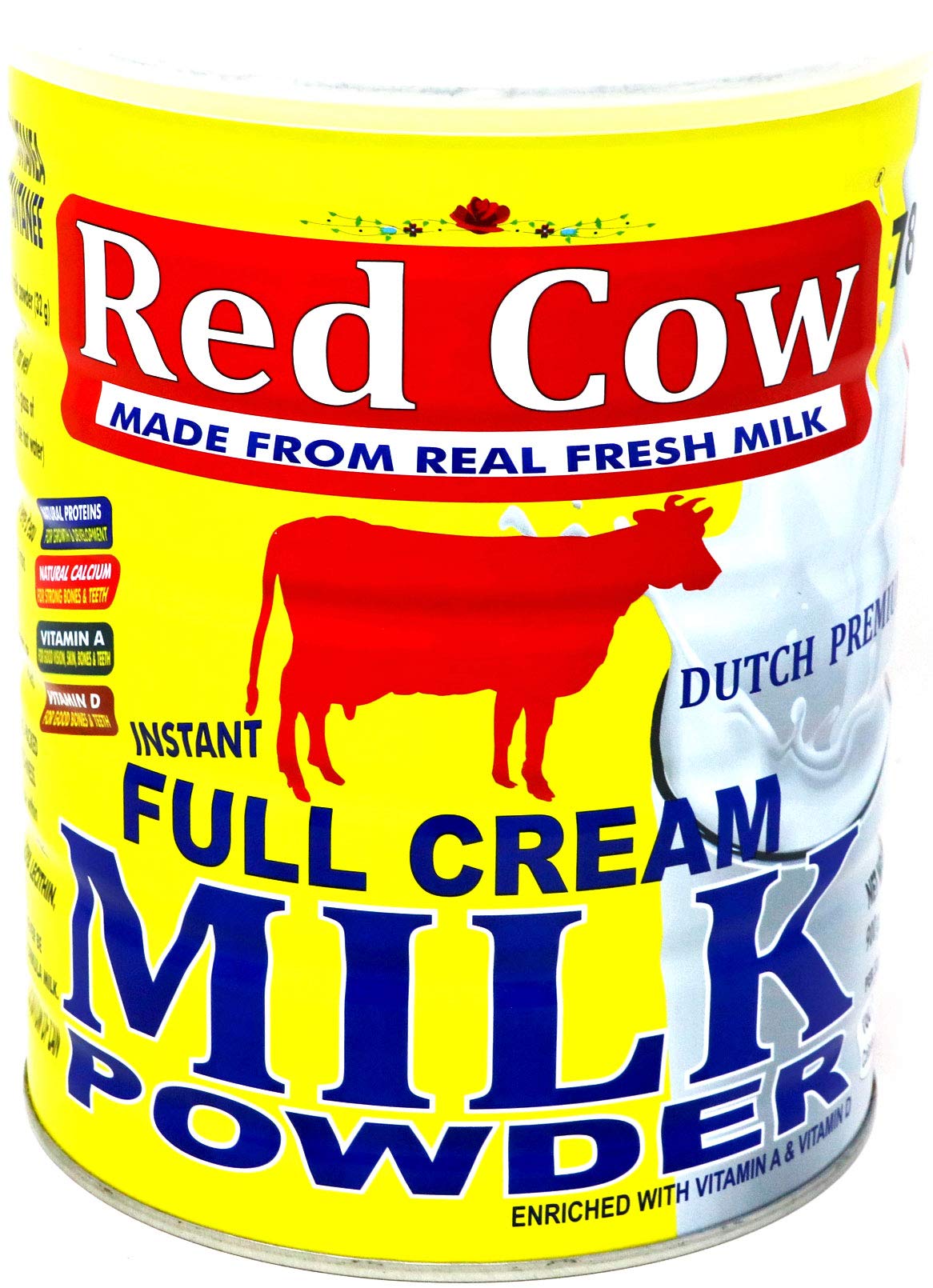 Red Cow milk powder packaging close-up highlighting Dutch premium quality