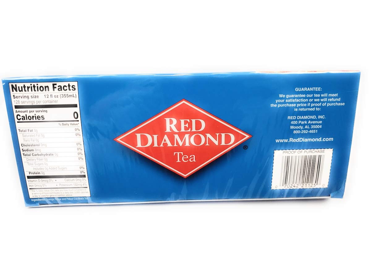Close-up of Red Diamond iced tea bags highlighting premium tea leaves for rich flavor.