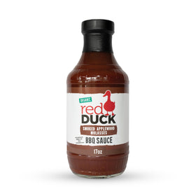 Red Duck Smoked Applewood Molasses BBQ Sauce bottle with rich smoky glaze for ribs