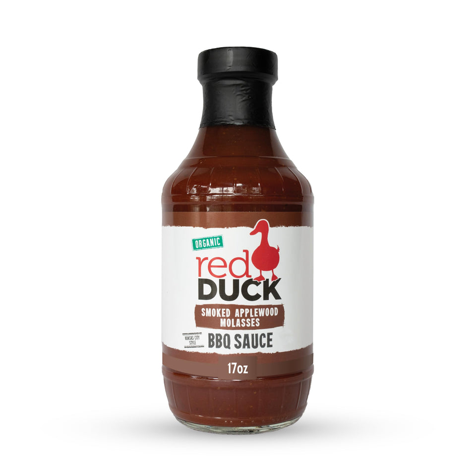 Red Duck Smoked Applewood Molasses BBQ Sauce bottle with rich smoky glaze for ribs
