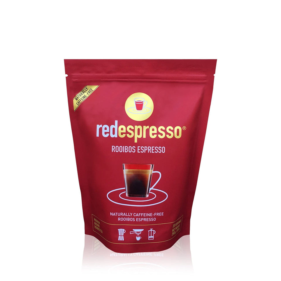 Red Espresso Rooibos tea ground for espresso machines offers bold, caffeine-free flavor.