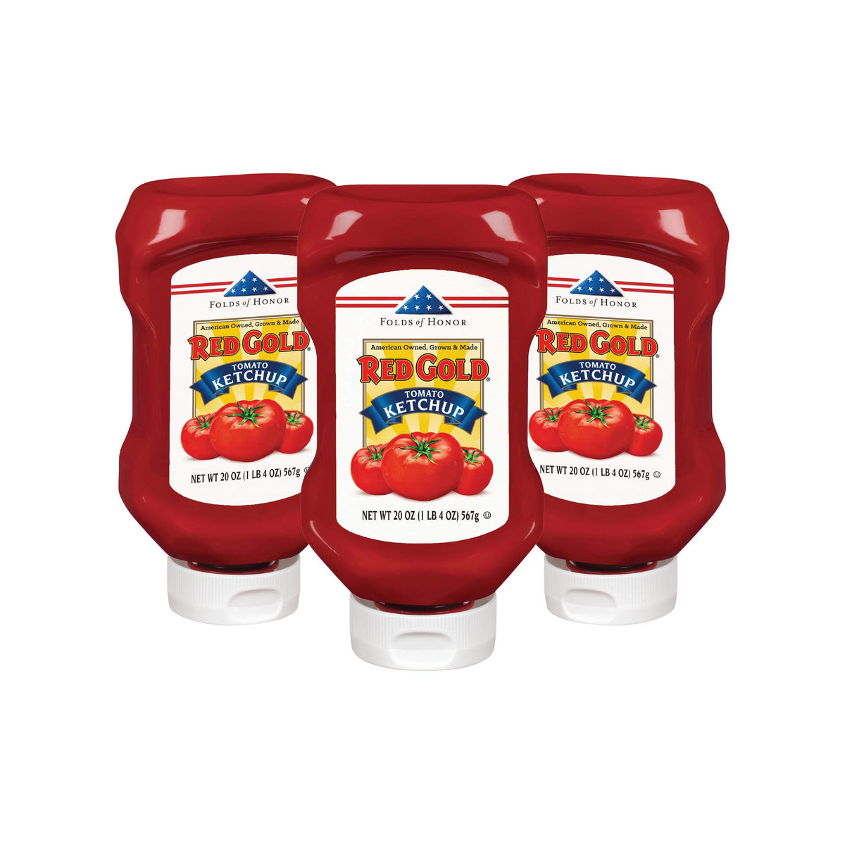 Red Gold Folds of Honor ketchup 20oz bottle front view for family meals.