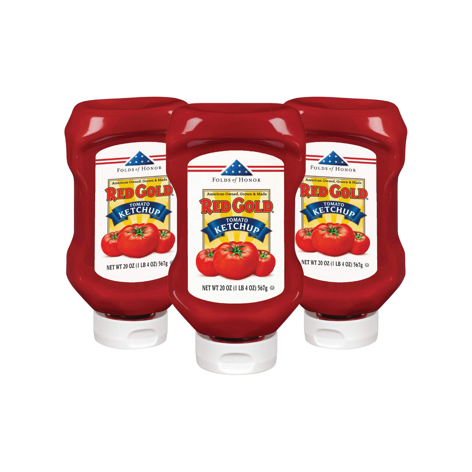 Red Gold Folds of Honor ketchup 20oz bottle front view for family meals.