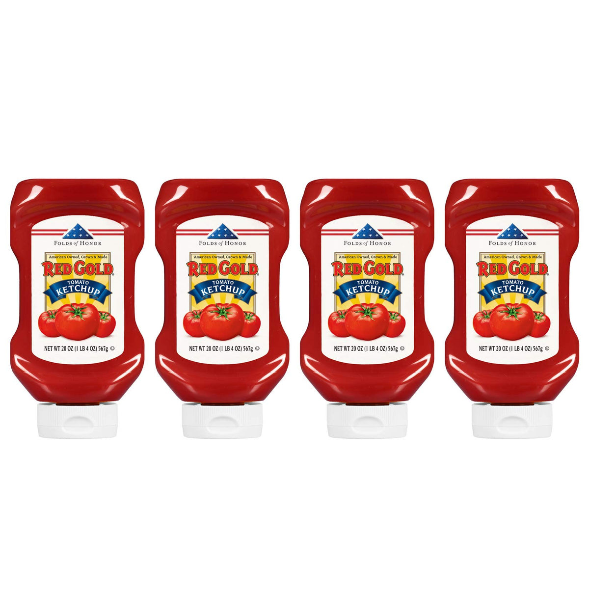 Red Gold Ketchup regular squeeze bottle 20oz for easy, mess-free dispensing.