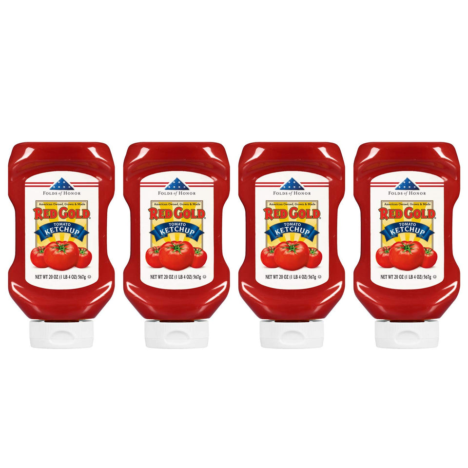 Red Gold Ketchup regular squeeze bottle 20oz for easy, mess-free dispensing.