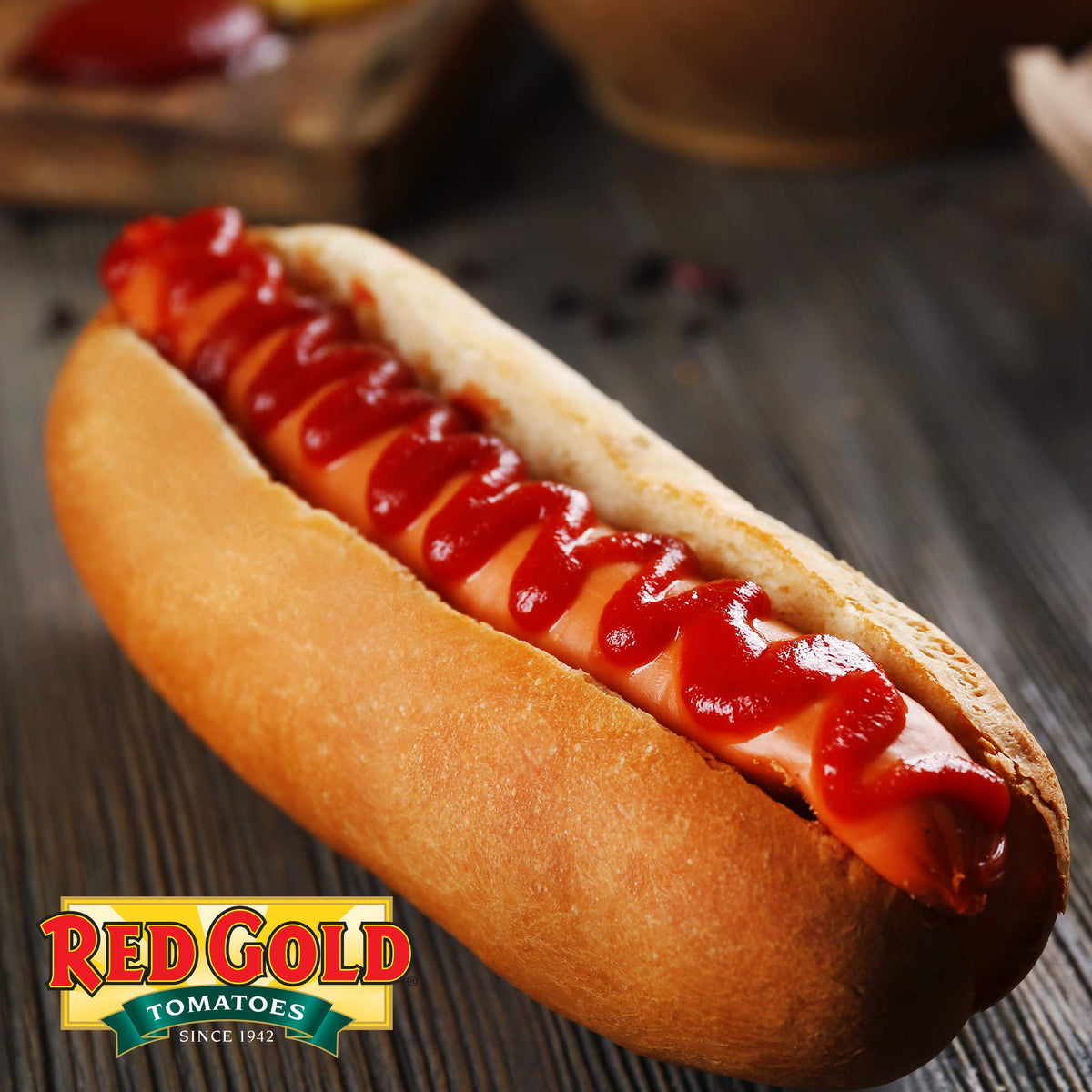 Red Gold Ketchup rich texture closeup emphasizes tomato-forward flavor.