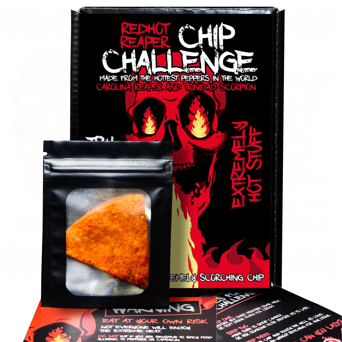 Red Hot Reaper chip close-up reveals fiery texture and heat.