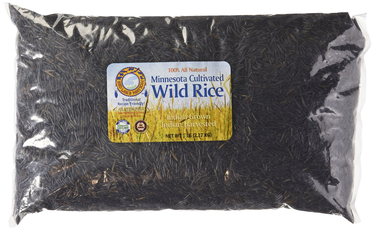 Red Lake Nation wild rice bag side view, a versatile all-natural side for meats and seafood.