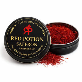 Red Potion saffron threads in a tin packaging showing premium quality and aroma