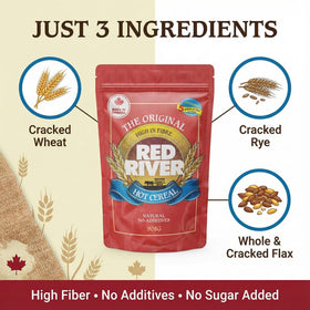 Red River Cereal ingredients close-up showing cracked wheat, rye, and flax for whole-grain texture.