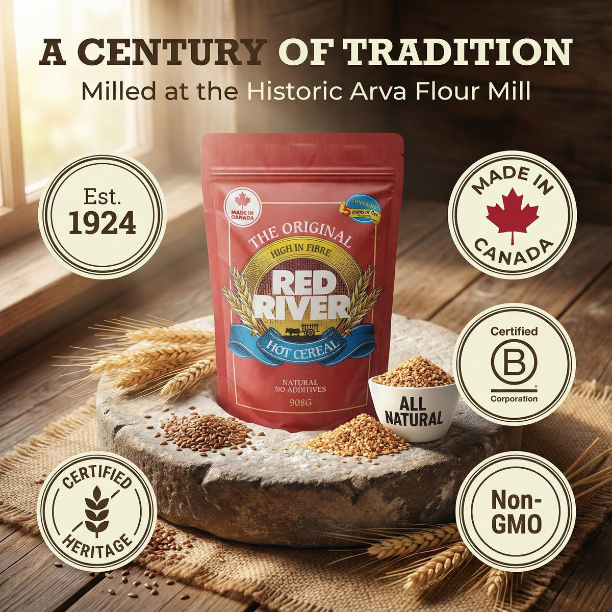 Red River Cereal packaging closeup highlighting no additives and natural ingredients.
