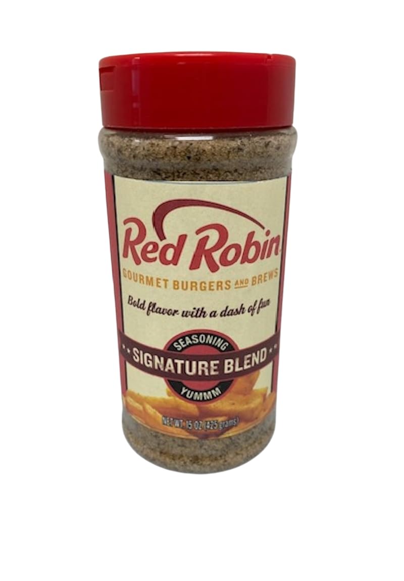 Red Robin Signature Seasoning jar shows a simple natural blend for burgers and seafood