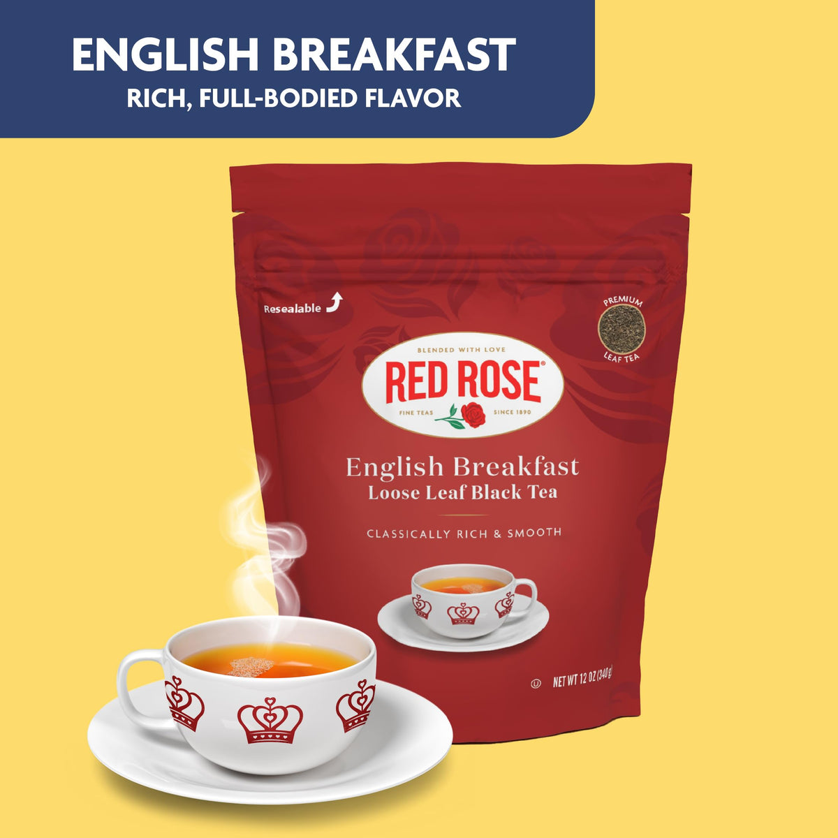 Red Rose brewed tea aroma suggests bold flavor suited to breakfast.