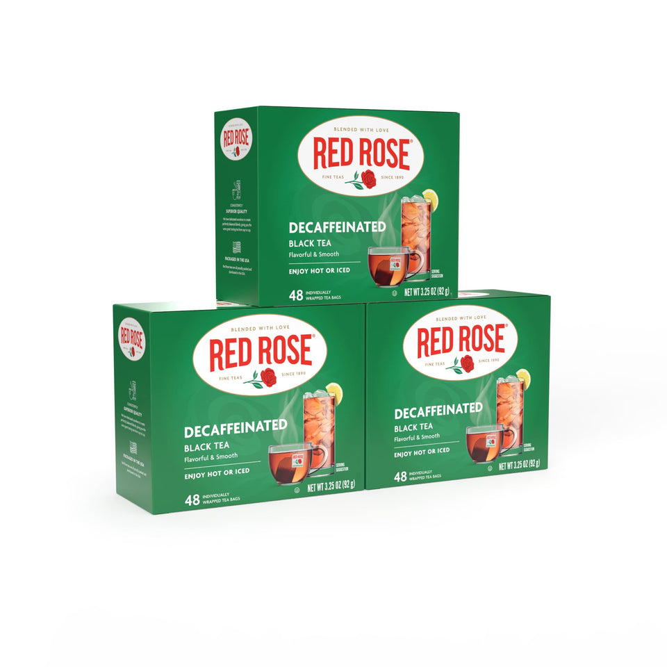 Red Rose decaf black tea bags; smooth, versatile cup for hot or iced tea.