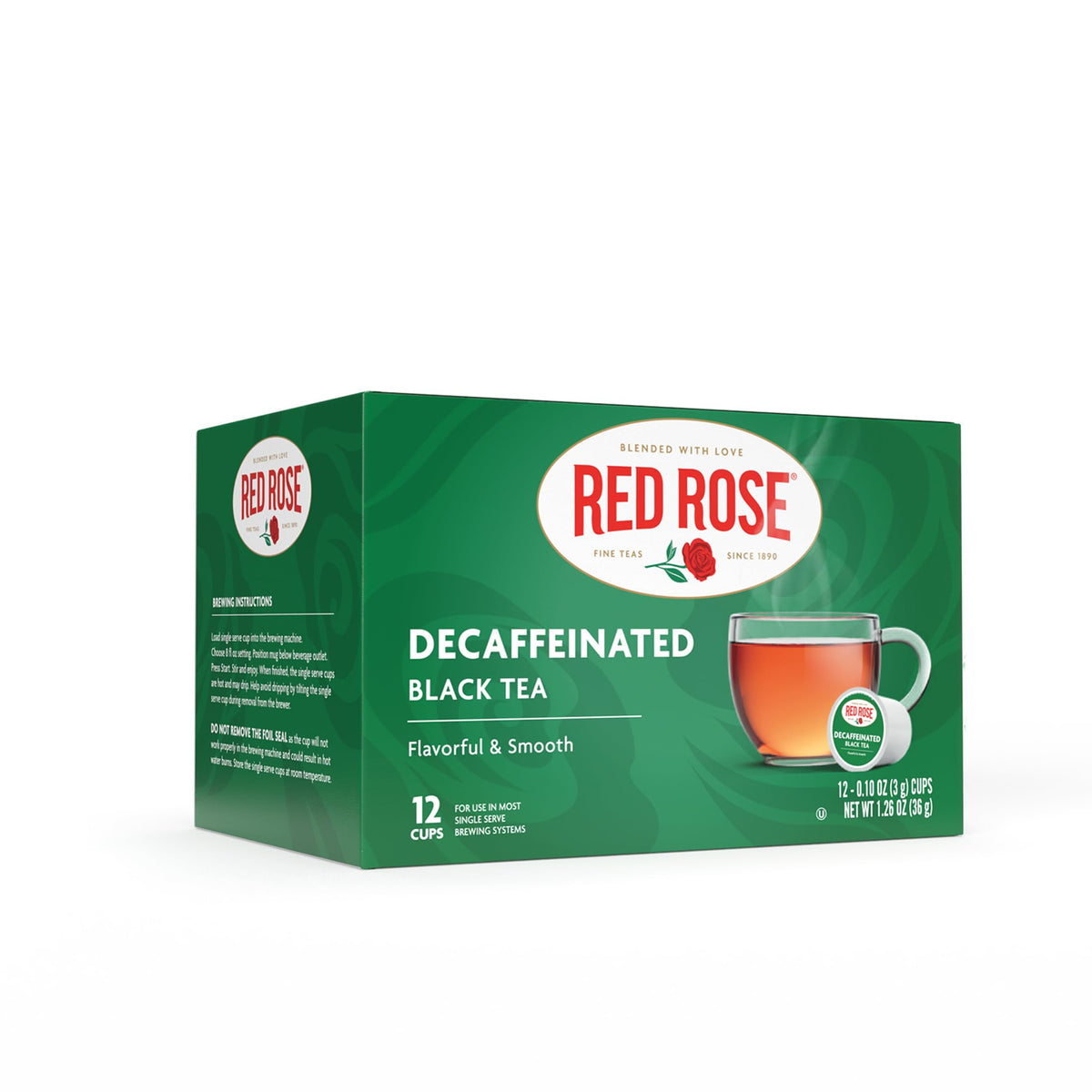 Red Rose decaf black tea K-Cups box showing full-bodied blend