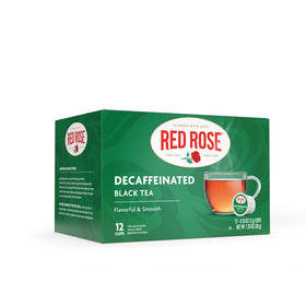 Red Rose decaf black tea K-Cups box showing full-bodied blend