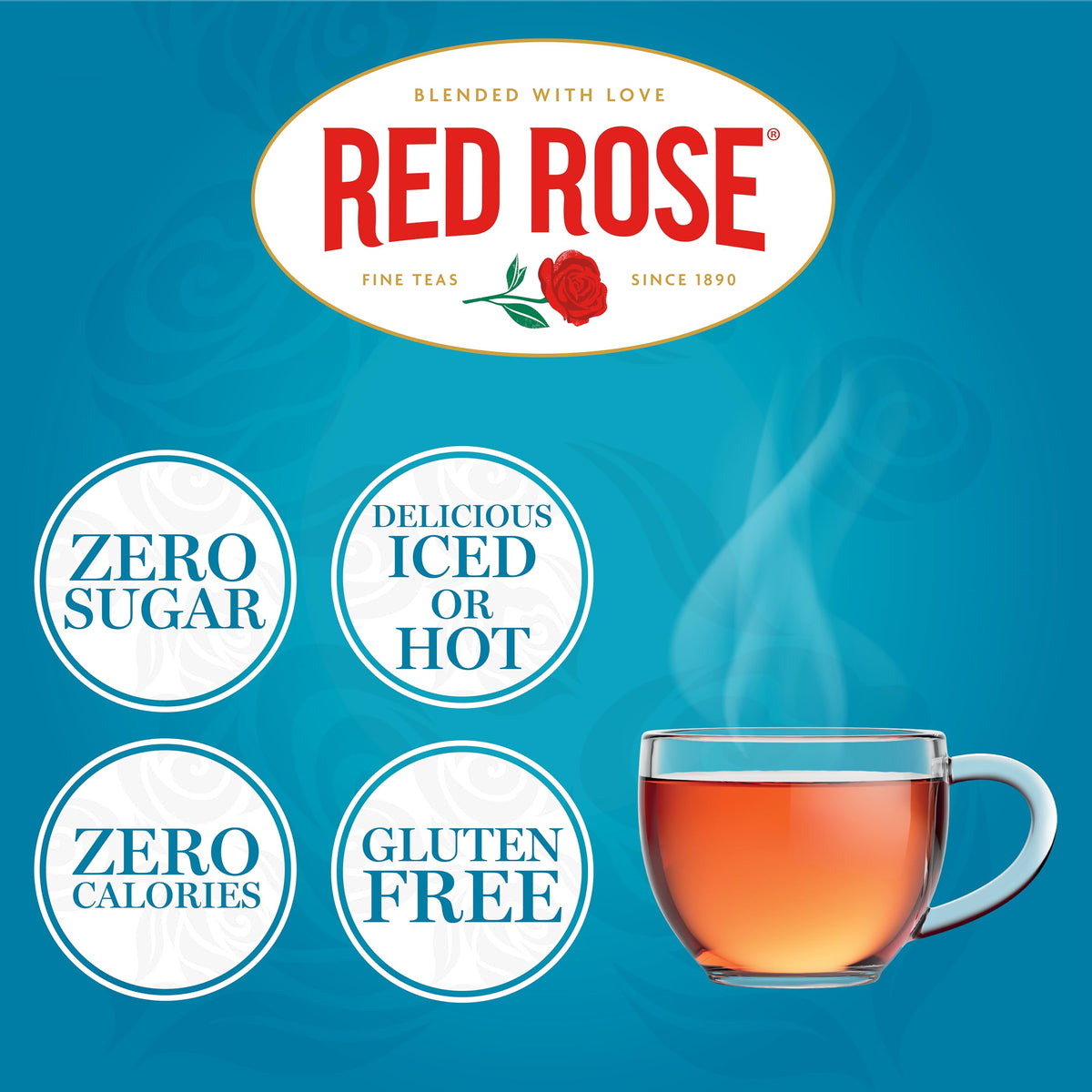 Red Rose decaf tea K-Cups brewing an 8-ounce cup