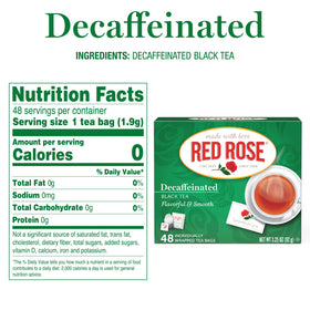 Red Rose decaf tea in a mug with milk for richness.
