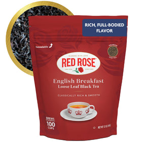 Red Rose English Breakfast tea leaves offer a robust start to the day.