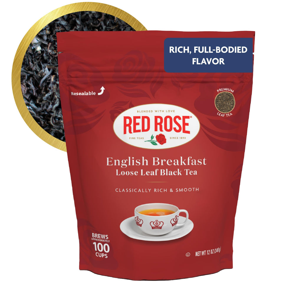 Red Rose English Breakfast tea leaves offer a robust start to the day.