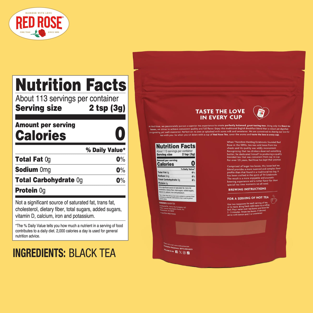 Red Rose loose-leaf tea pouch showcases premium quality and freshness.