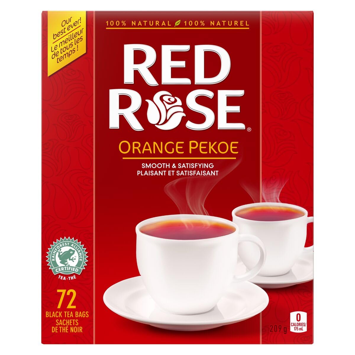 Red Rose Orange Pekoe Tea Bags 72ct pack on a kitchen counter for quick brews.