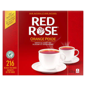 Red Rose Orange Pekoe Tea packaging on kitchen counter, convenient 216-count supply.