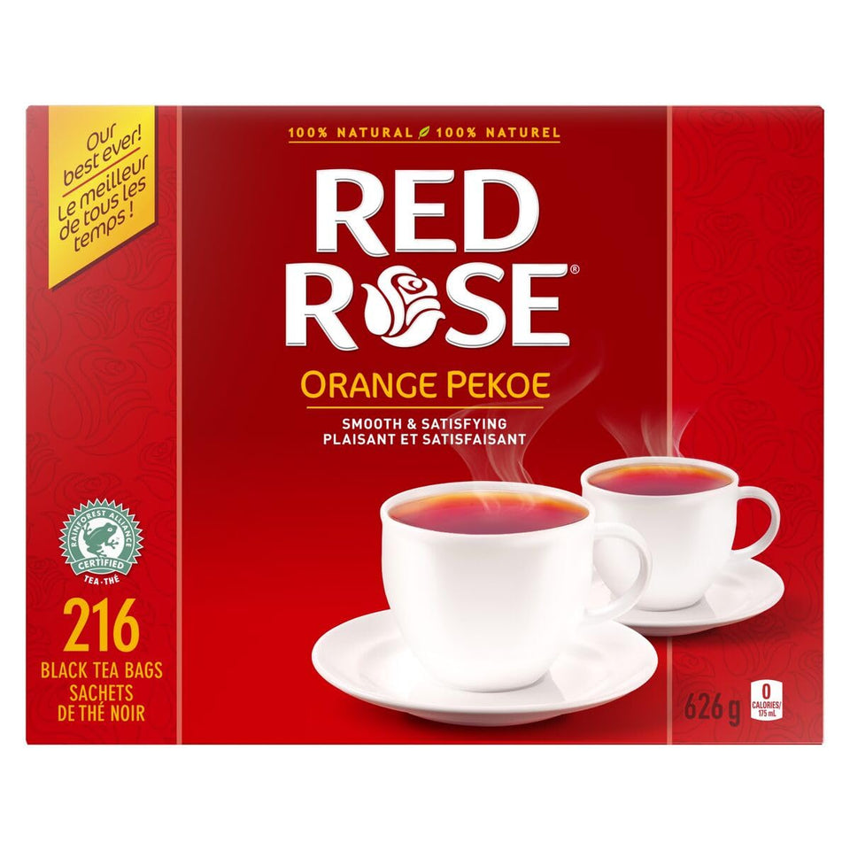 Red Rose Orange Pekoe Tea packaging on kitchen counter, convenient 216-count supply.