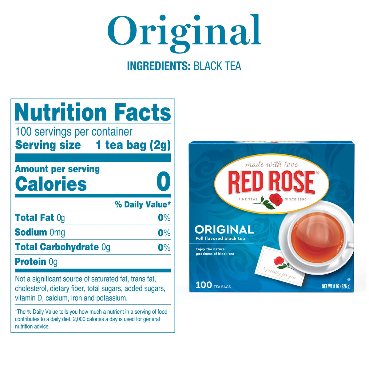 Red Rose tea bags closeup showing quality tag for easy steeping.