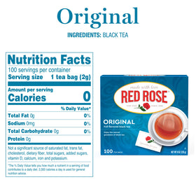 Red Rose tea bags closeup showing quality tag for easy steeping.