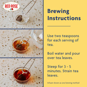 Red Rose packaging closeup highlights traditional blend and rich color.