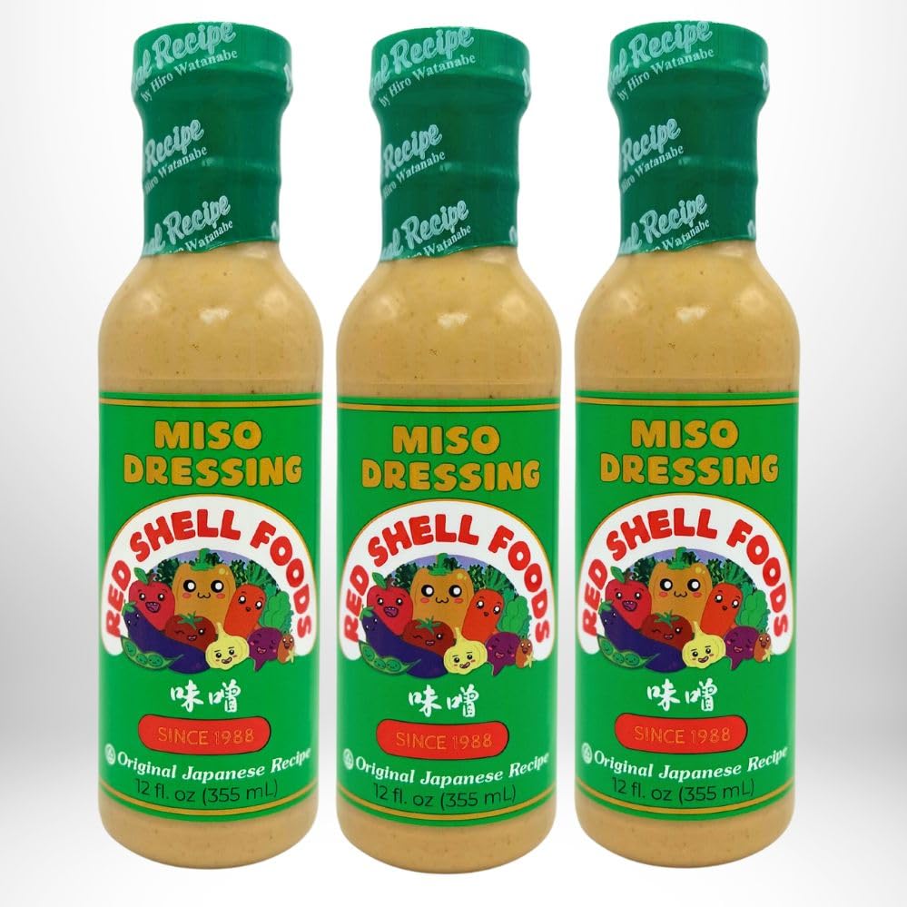 Red Shell Miso Dressing bottle close-up showing savory umami for salads.