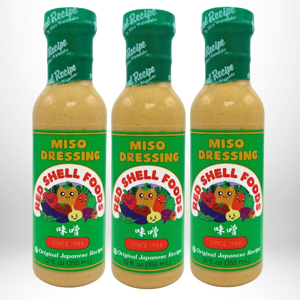 Red Shell Miso Dressing bottle close-up showing savory umami for salads.