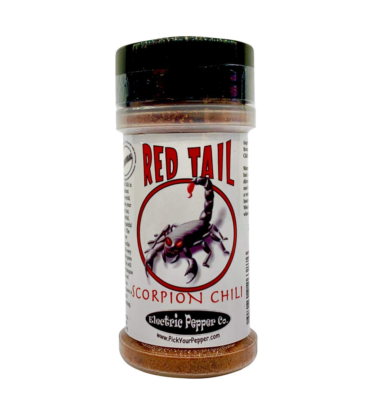 Red Tail Scorpion chili powder close-up; vibrant red powder for flavor.