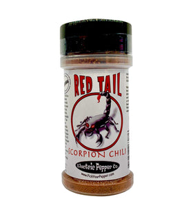 Red Tail Scorpion chili powder close-up; vibrant red powder for flavor.