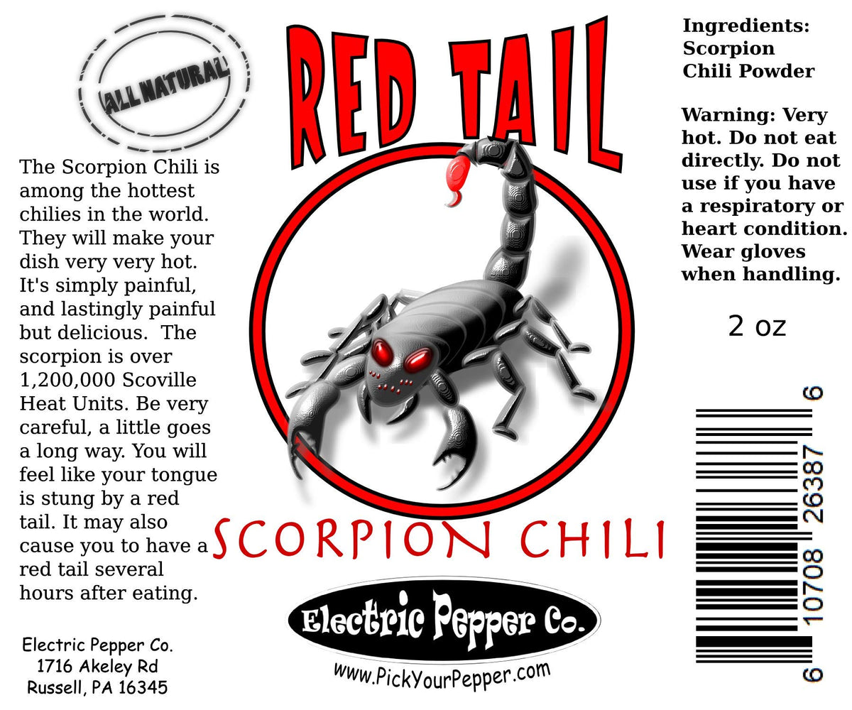 Red Tail Scorpion chili powder jar on counter – ready-to-use 2 oz bottle.
