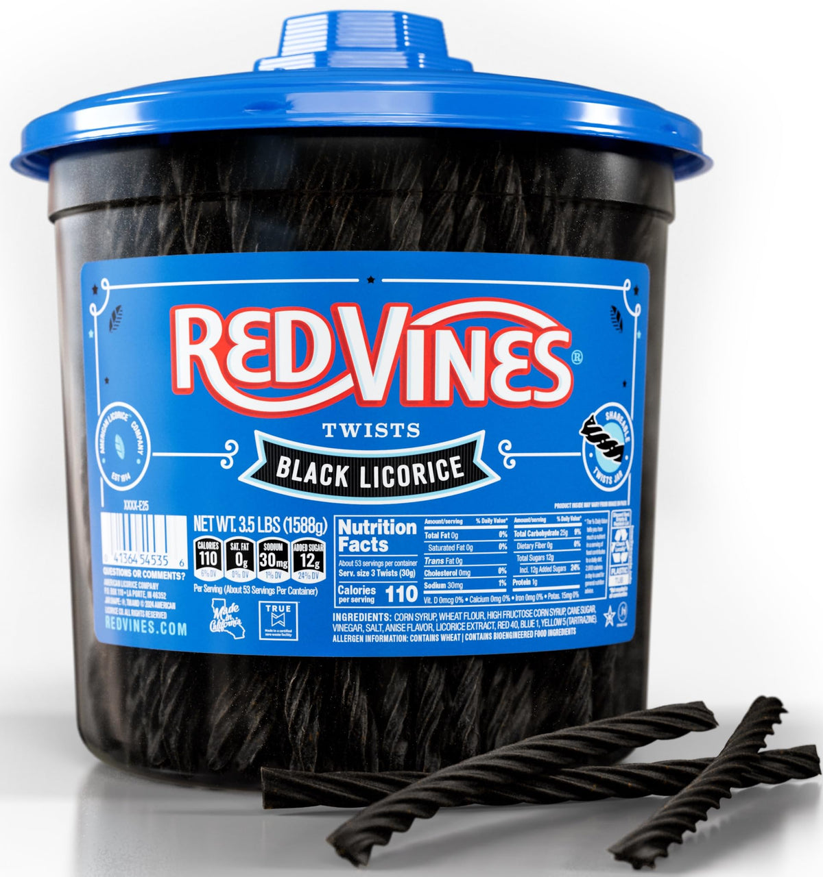 Red Vines Black Licorice Candy jar ready for sharing at gatherings.