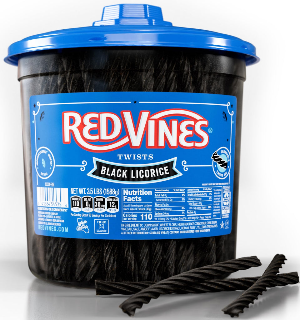 Red Vines Black Licorice Candy jar ready for sharing at gatherings.