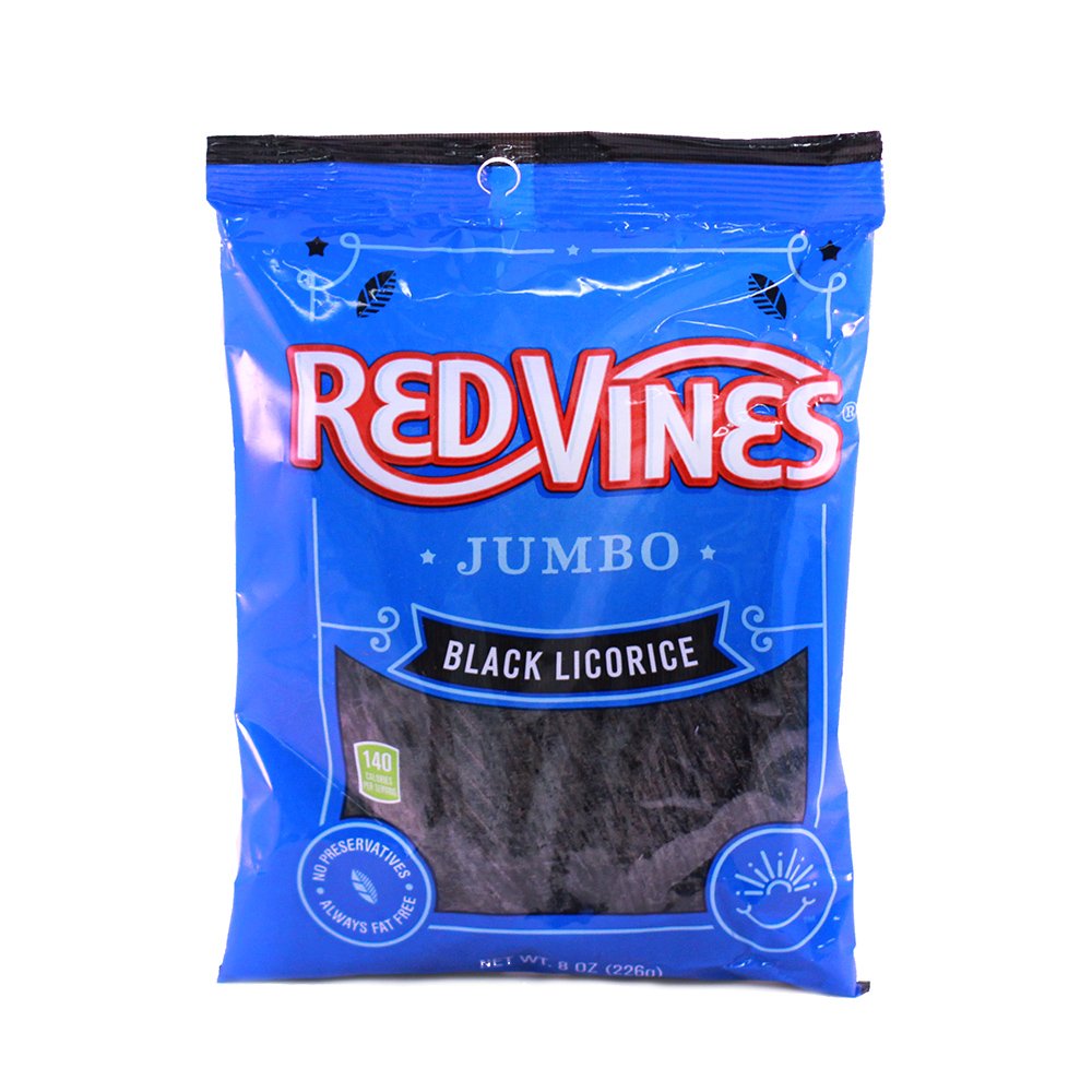 Red Vines Black licorice jumbo twists 8oz bag, convenient on-the-go snack for busy days.