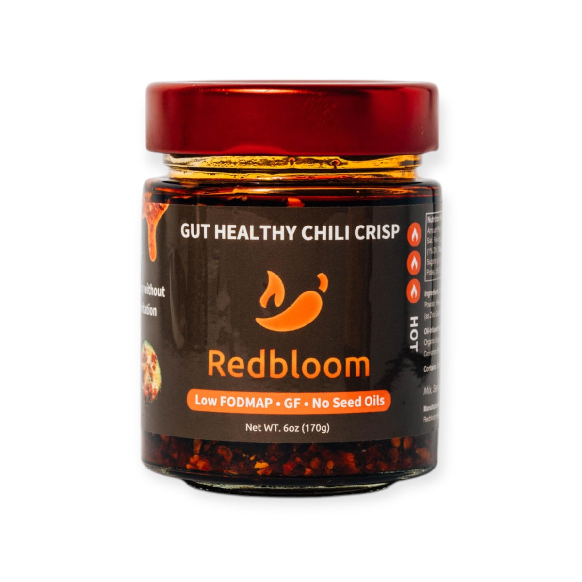 Redbloom Gut-Healthy Chili Crisp jar with crunchy texture for flavor boost