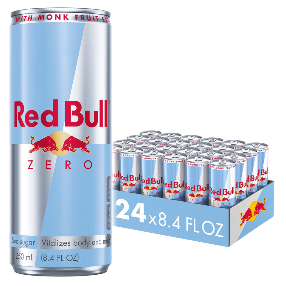 Red Bull Zero energy drink can front view showing compact 8.4 oz size for on-the-go energy