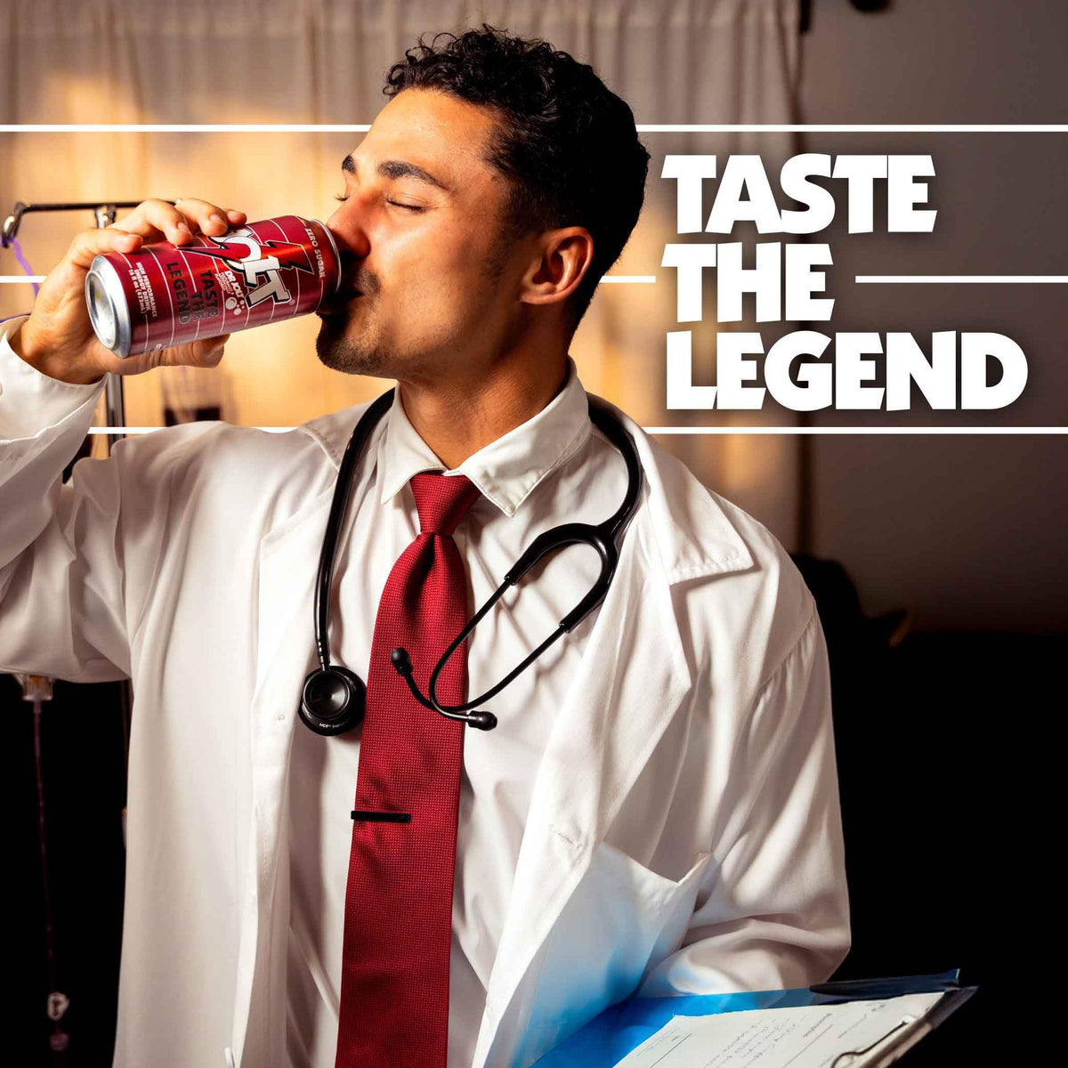 Redcon1 Dr Jolt energy glass with ice conveys crisp, refreshing focus.