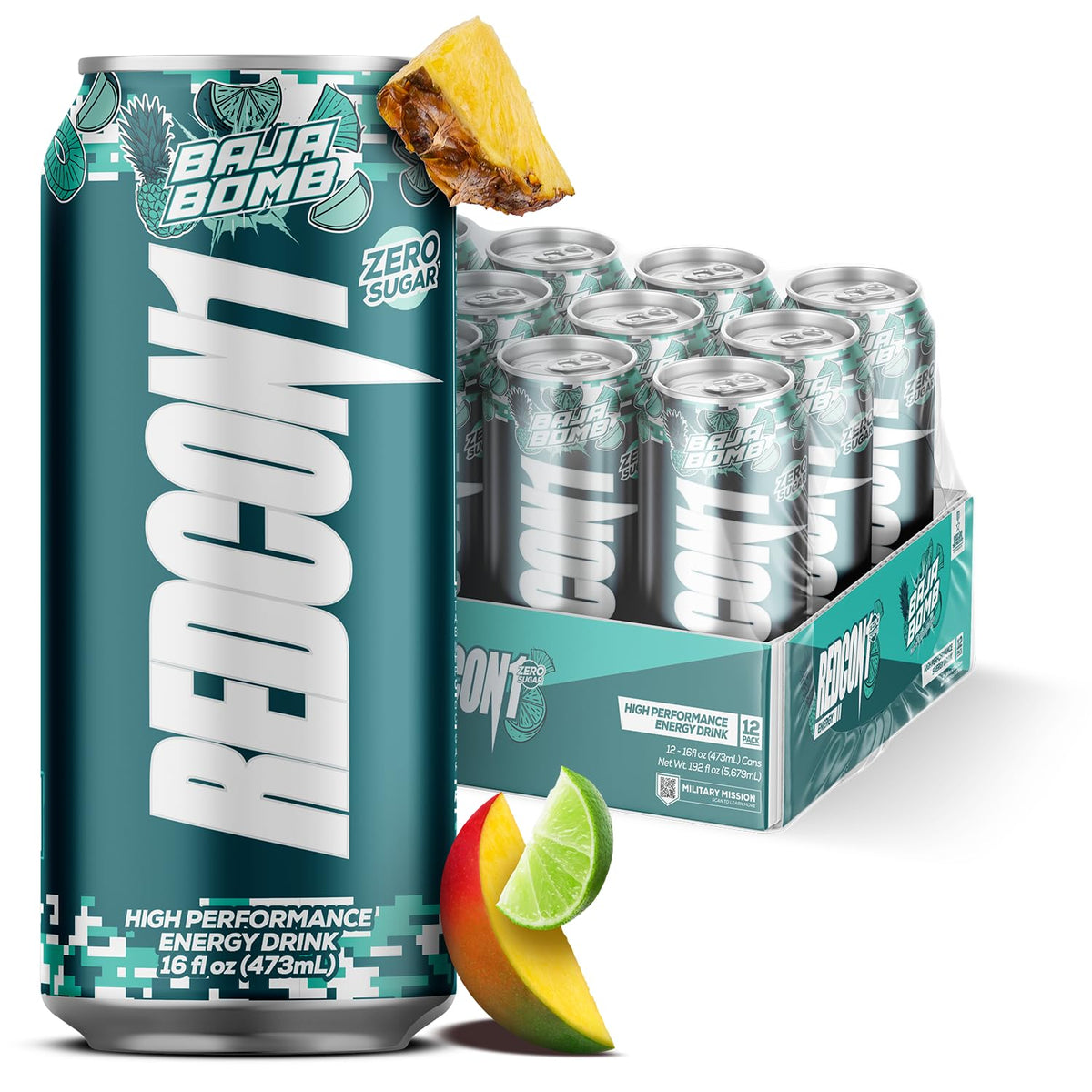 REDCON1 Baja Bomb can with crisp zero sugar energy boost.