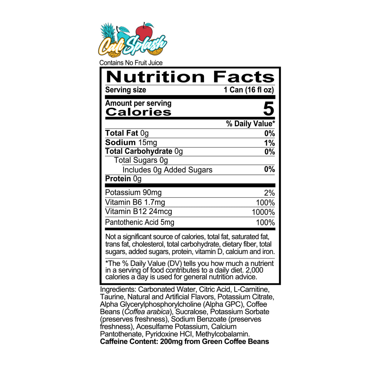 Label closeup shows caffeine and Alpha GPC content in REDCON1 Cali Splash.