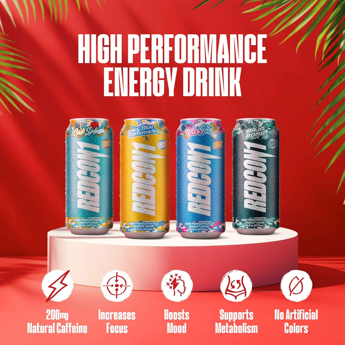 Redcon1 Energy Drink Icy Blue Lemonade bottle closeup showcases bold branding for focus.