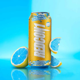 Redcon1 Energy Drink Icy Blue Lemonade can angled shot emphasizes refreshing flavor.
