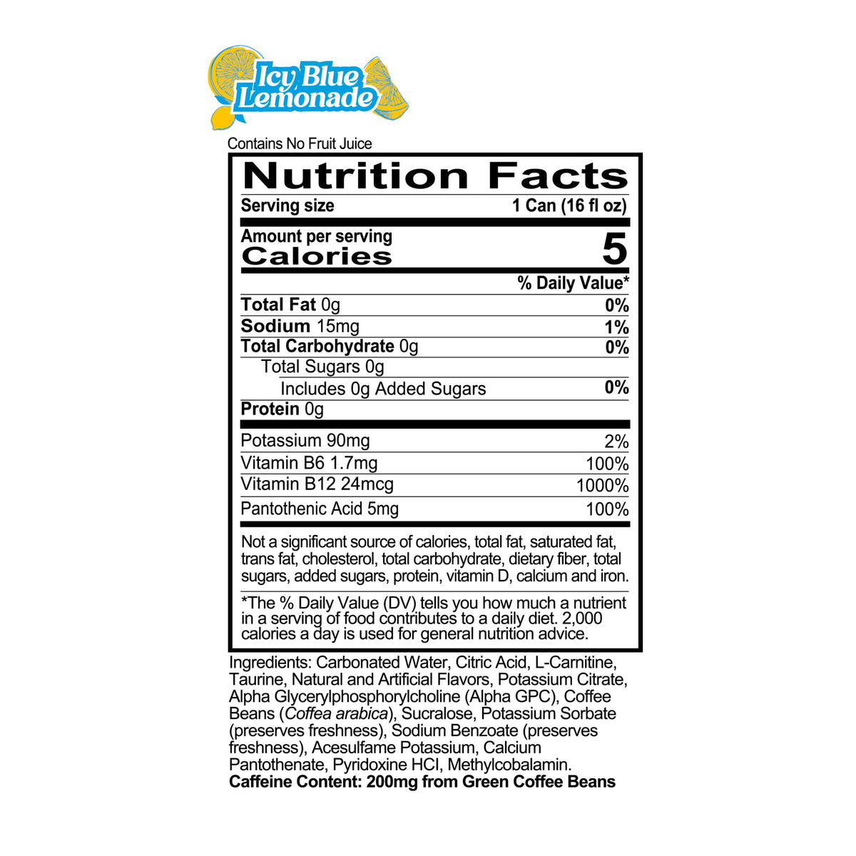 Redcon1 Energy Drink Icy Blue Lemonade can back view highlights zero sugar formula.