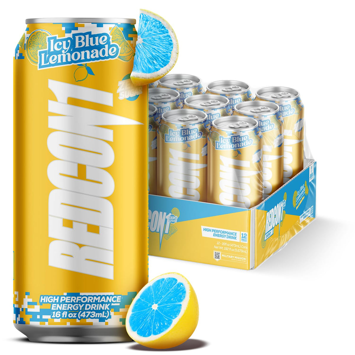 Redcon1 Energy Drink Icy Blue Lemonade can front view boosts alertness for workouts.