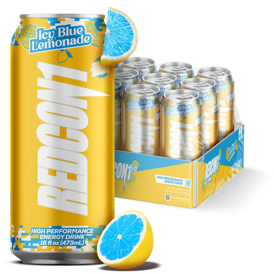 Redcon1 Energy Drink Icy Blue Lemonade can front view boosts alertness for workouts.